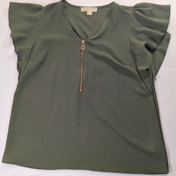 Michael Kors Tops - Michael Michael Kors Olive Green Ruffle/Flutter Sleeve Gold Zip Top Size Medium